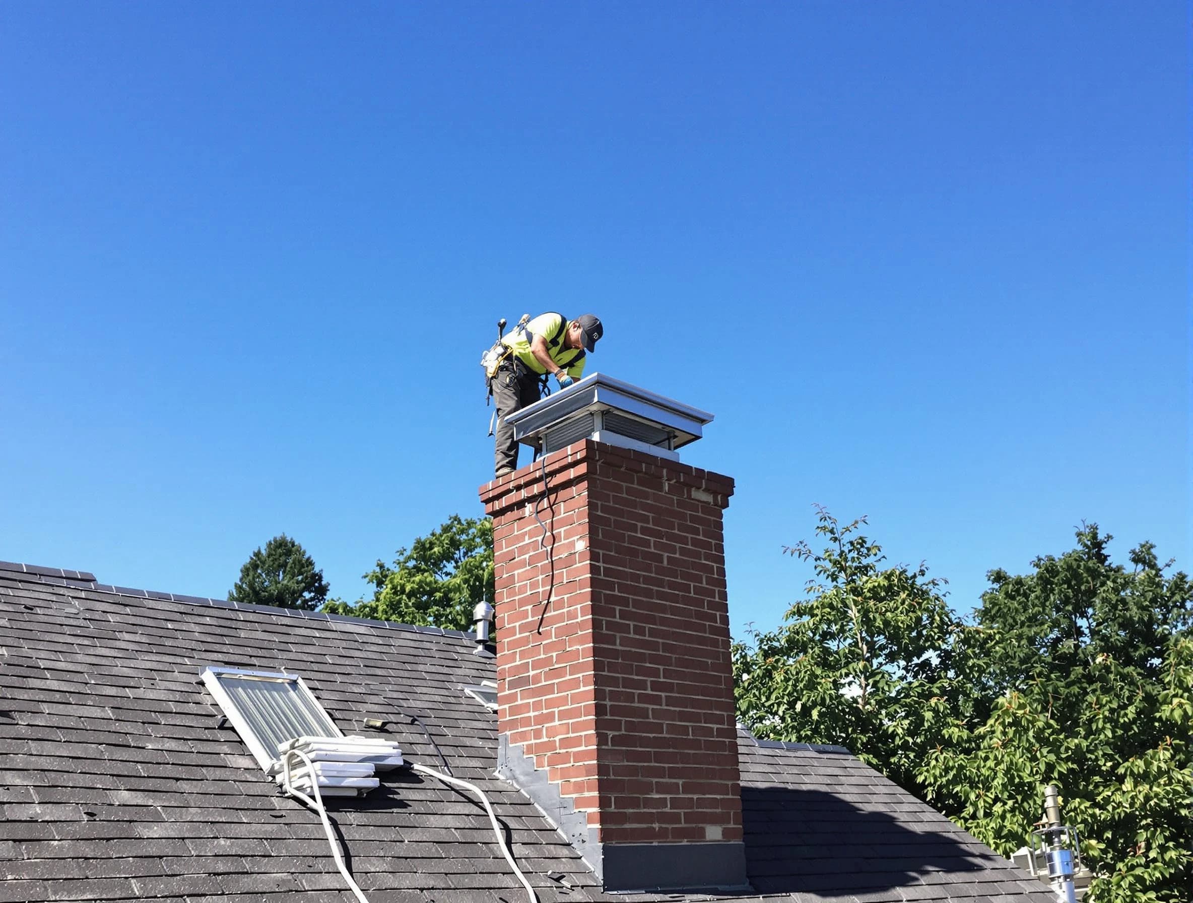 Egg Harbor Chimney Sweep technician measuring a chimney cap in Egg Harbor, NJ